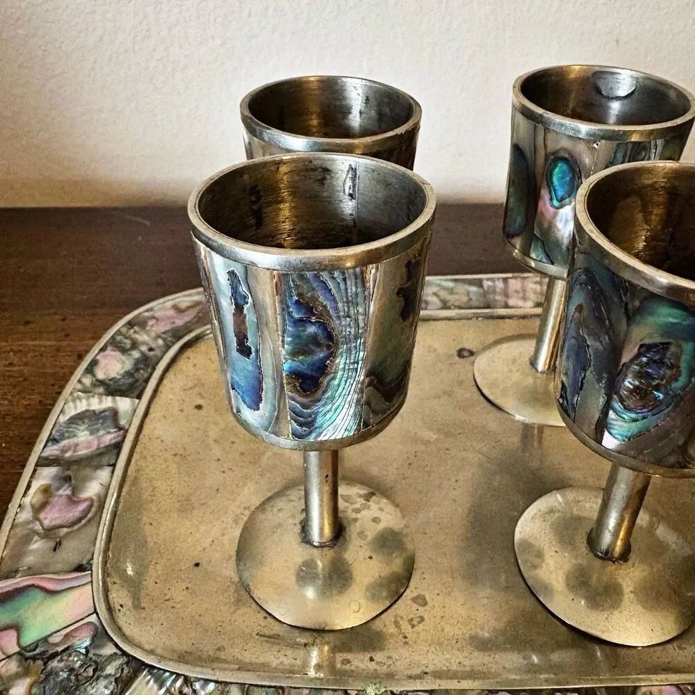 Vtg Cordial Set Mexican Alpaca Silver With Abalone MOP 6 Small Goblets With Tray